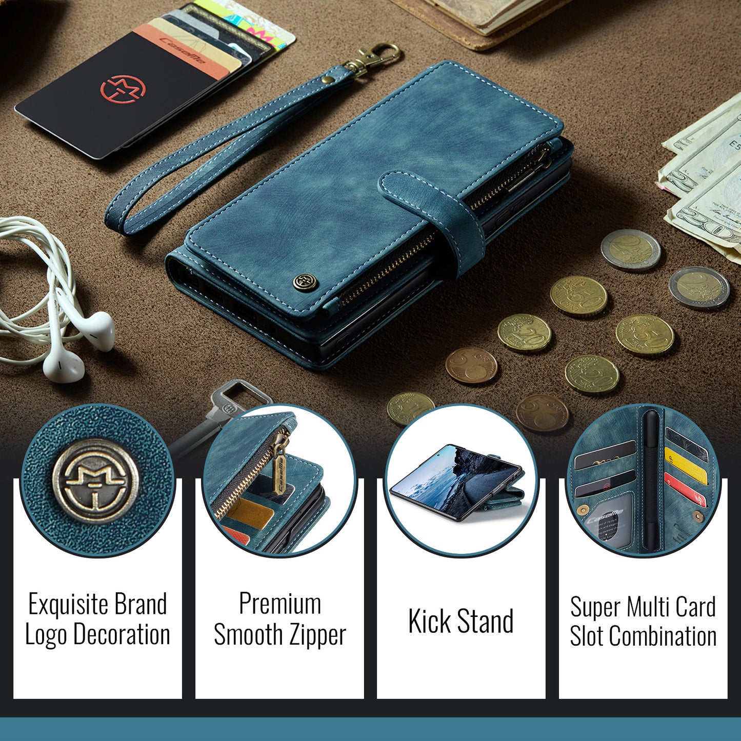 For Samsung Galaxy Z Fold7 5G Phone Cases with Strap CASEME C30 Zipper Multiple Card Holder PU Leather Cover - Blue