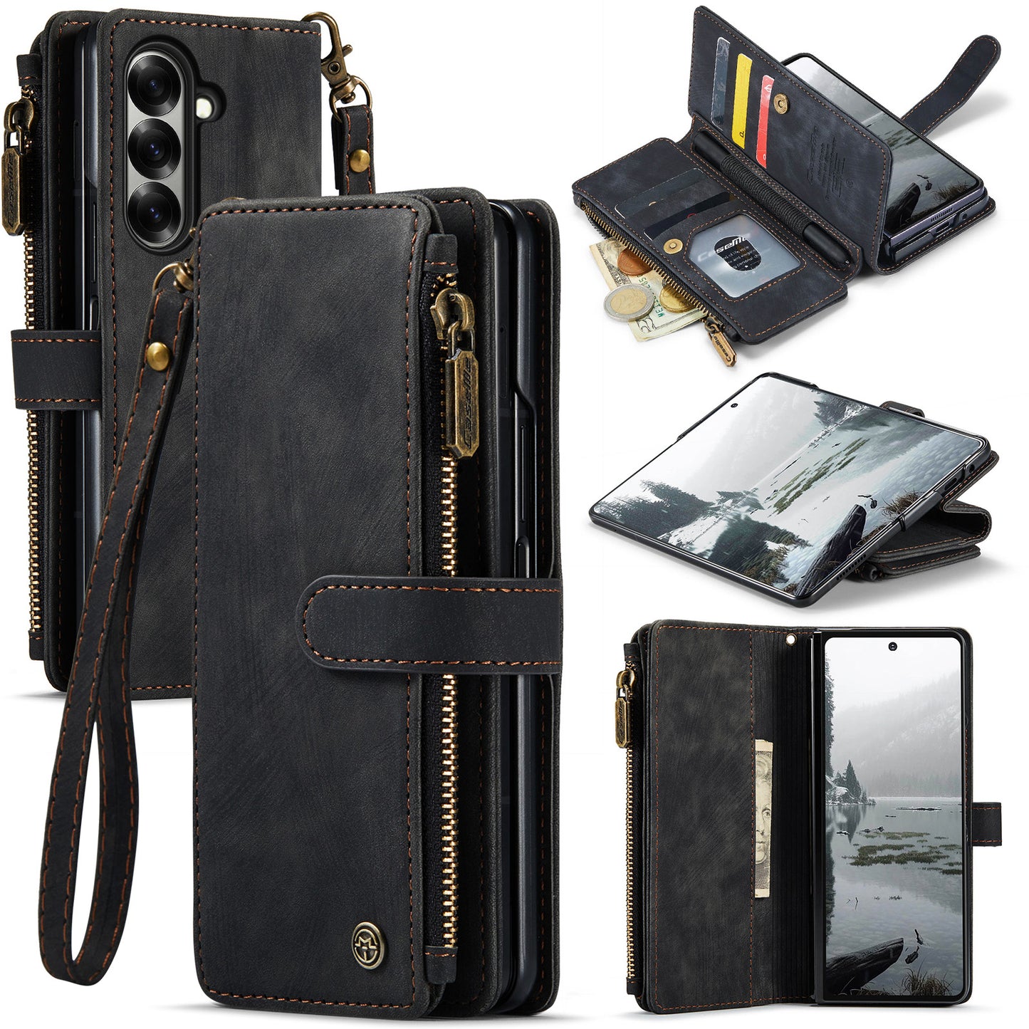 For Samsung Galaxy Z Fold7 5G Phone Cases with Strap CASEME C30 Zipper Multiple Card Holder PU Leather Cover - Black