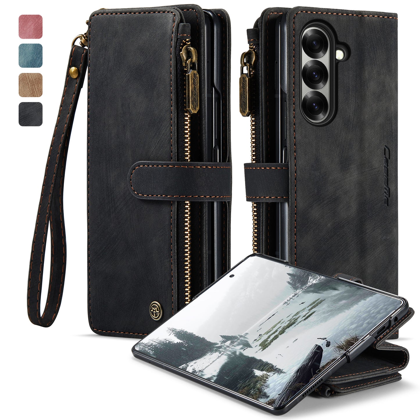 For Samsung Galaxy Z Fold7 5G Phone Cases with Strap CASEME C30 Zipper Multiple Card Holder PU Leather Cover - Black