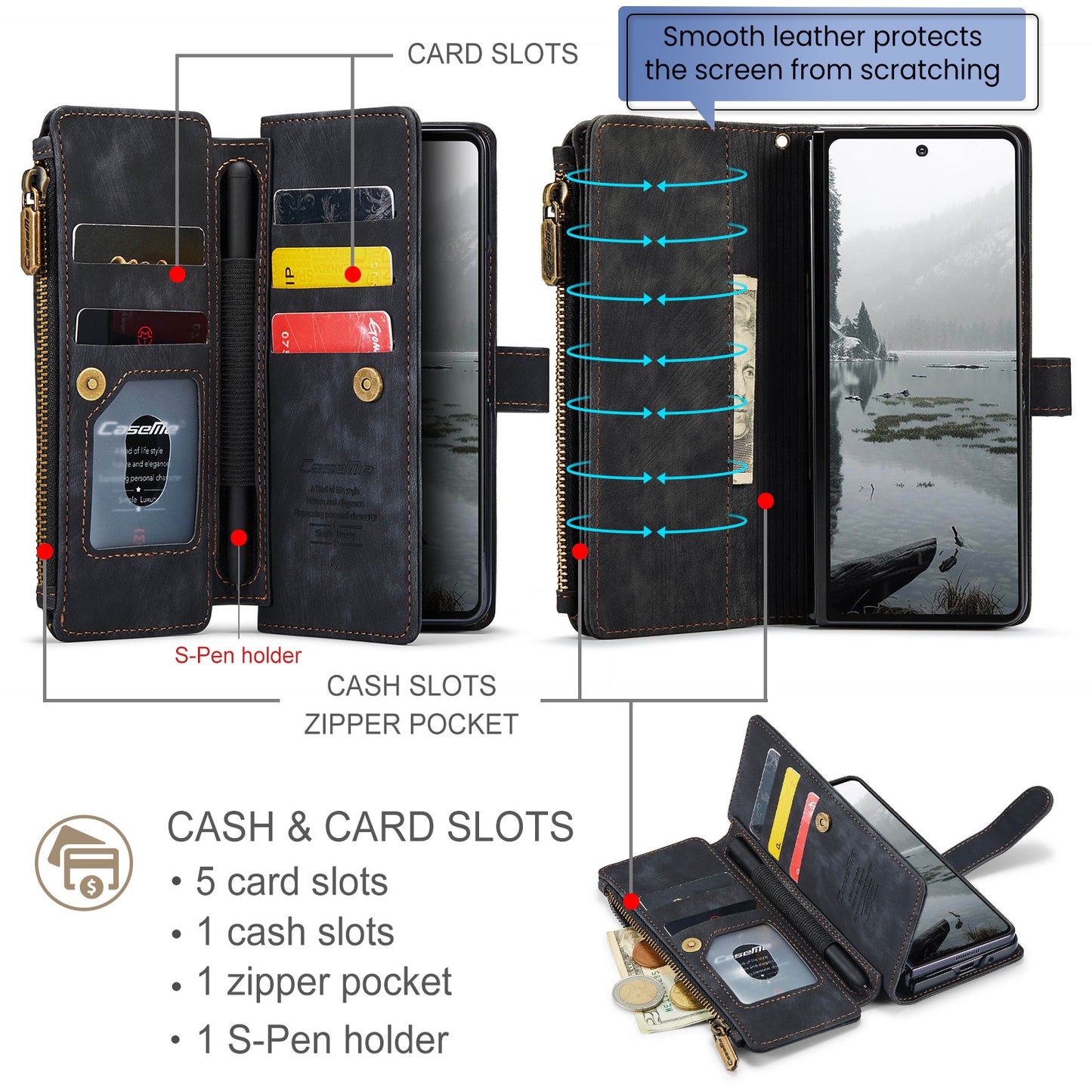 For Samsung Galaxy Z Fold7 5G Phone Cases with Strap CASEME C30 Zipper Multiple Card Holder PU Leather Cover - Black