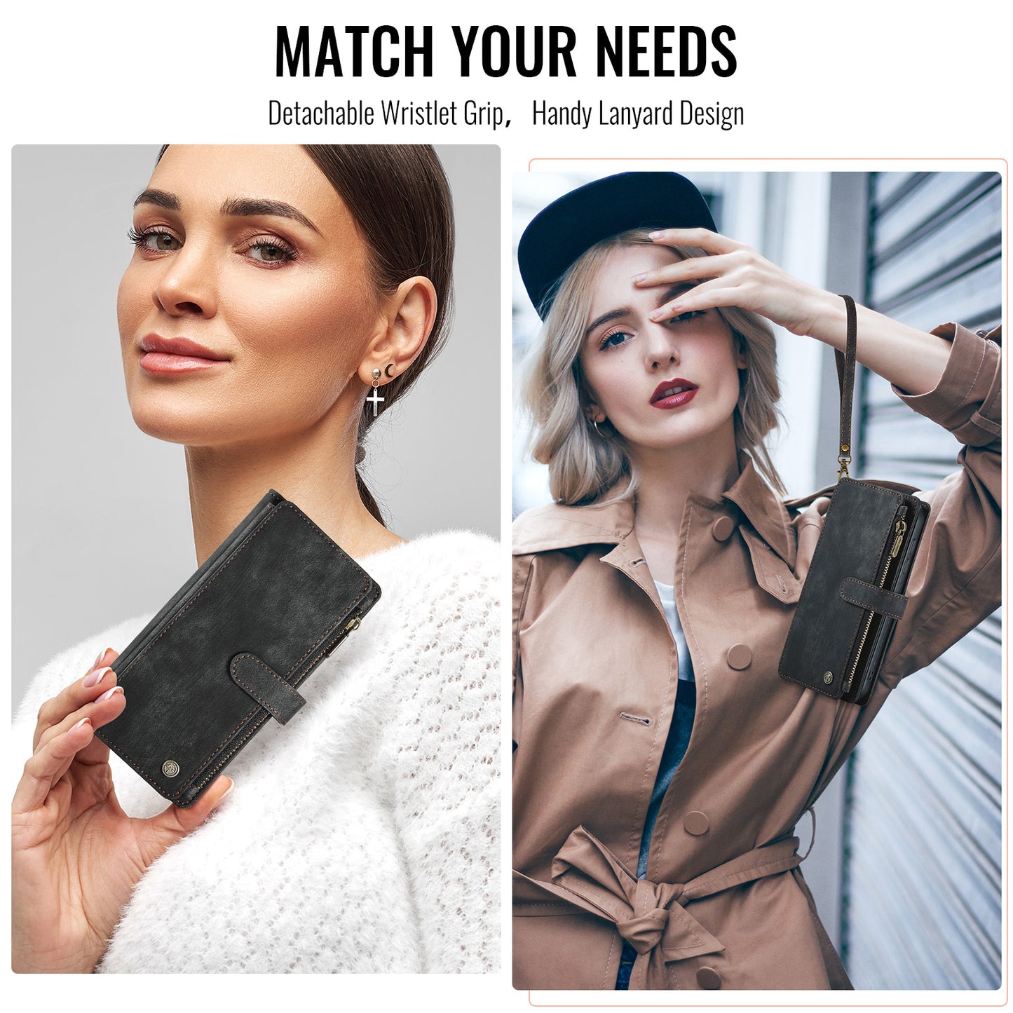 For Samsung Galaxy Z Fold7 5G Phone Cases with Strap CASEME C30 Zipper Multiple Card Holder PU Leather Cover - Black