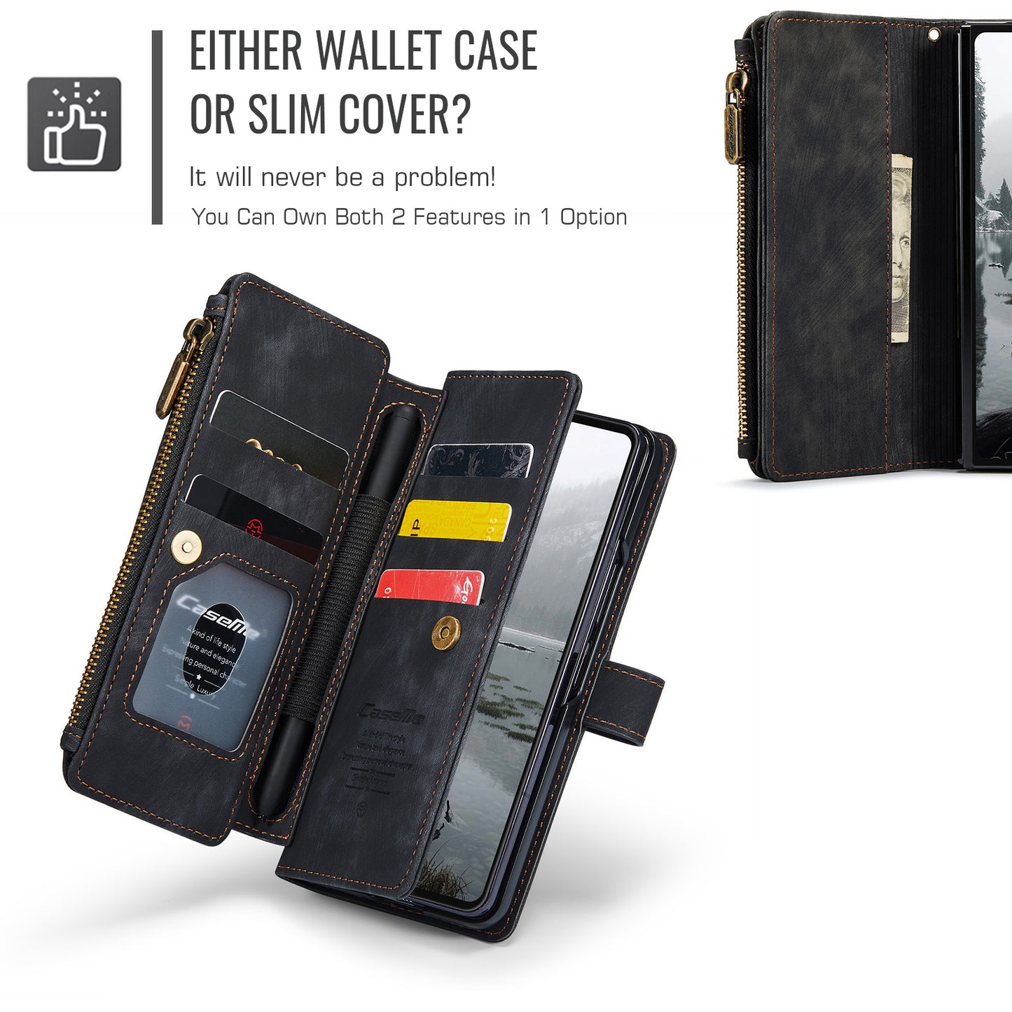 For Samsung Galaxy Z Fold7 5G Phone Cases with Strap CASEME C30 Zipper Multiple Card Holder PU Leather Cover - Black