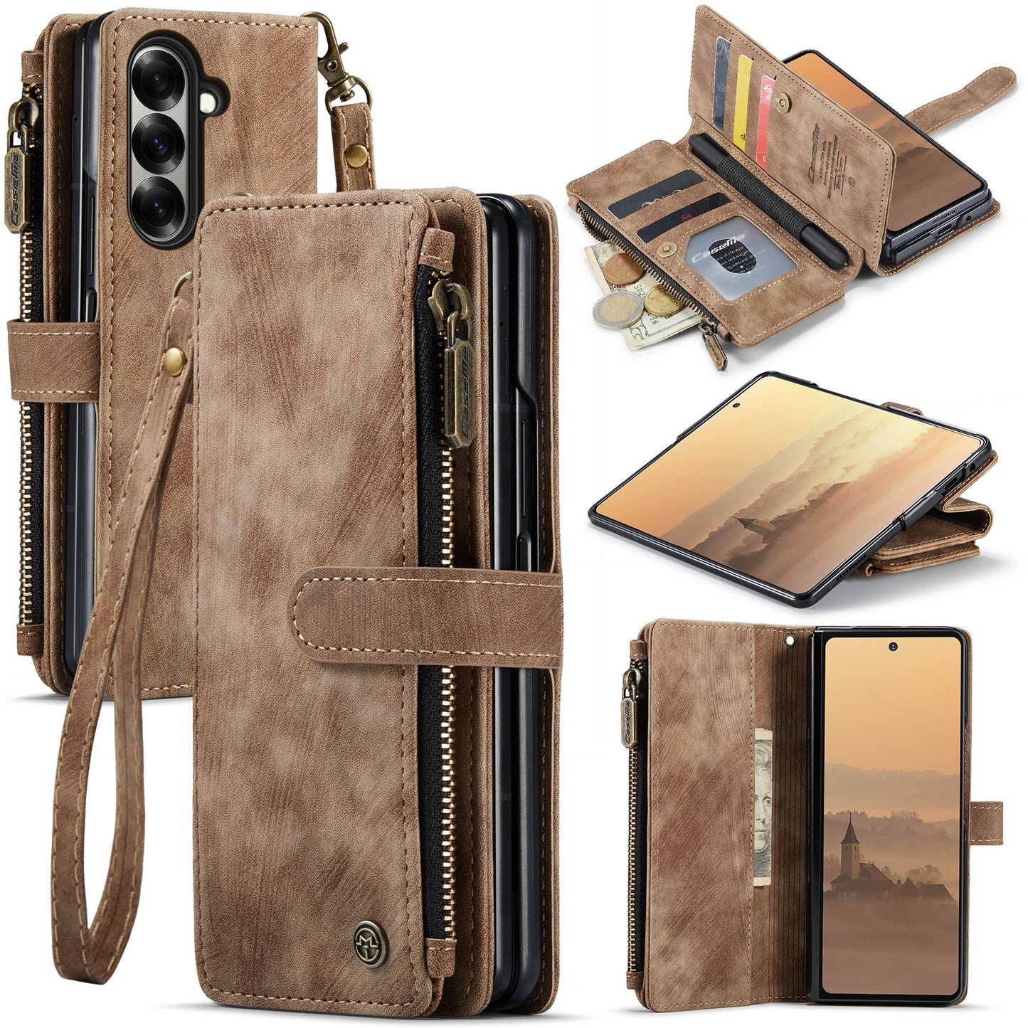 For Samsung Galaxy Z Fold7 5G Phone Cases with Strap CASEME C30 Zipper Multiple Card Holder PU Leather Cover - Brown