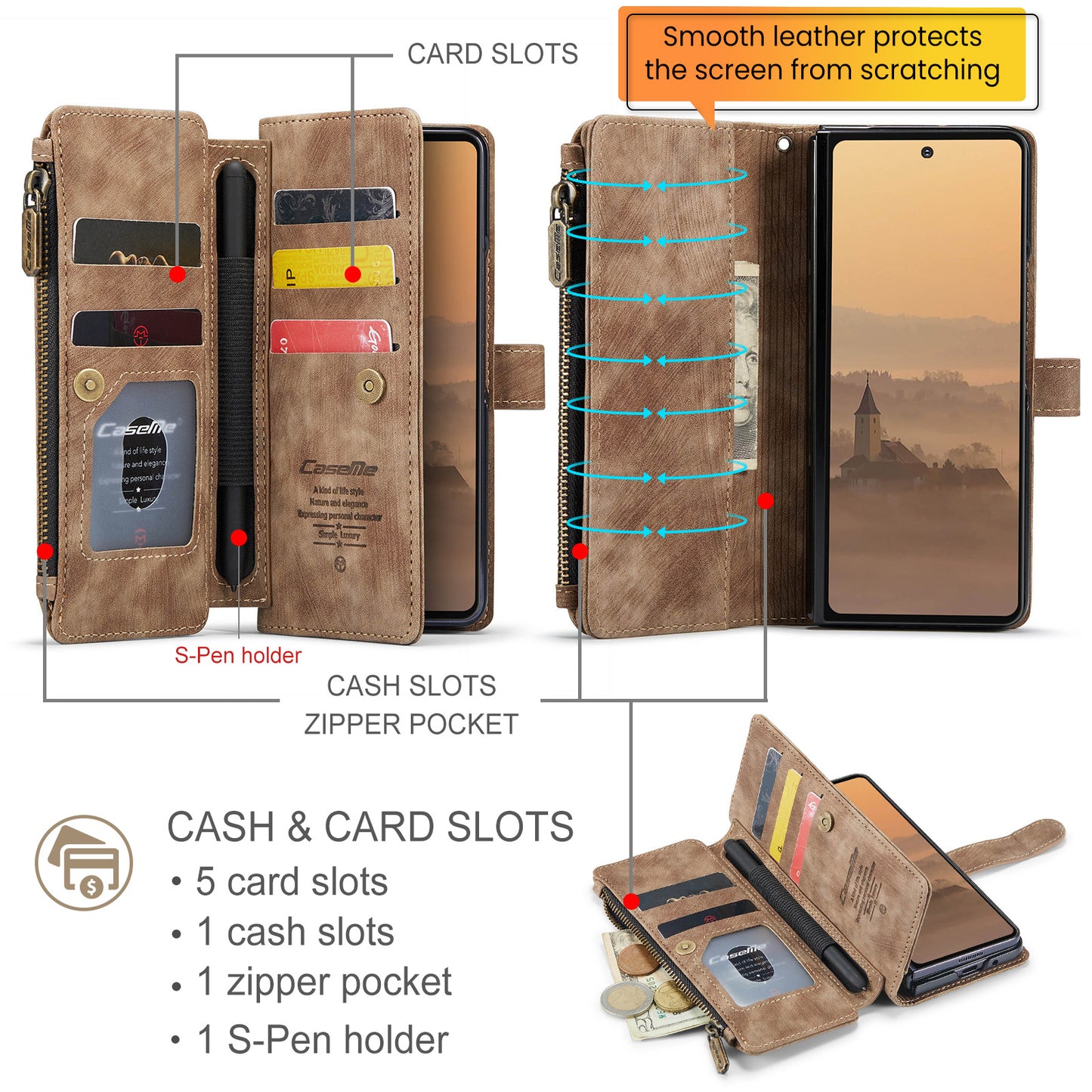 For Samsung Galaxy Z Fold7 5G Phone Cases with Strap CASEME C30 Zipper Multiple Card Holder PU Leather Cover - Brown