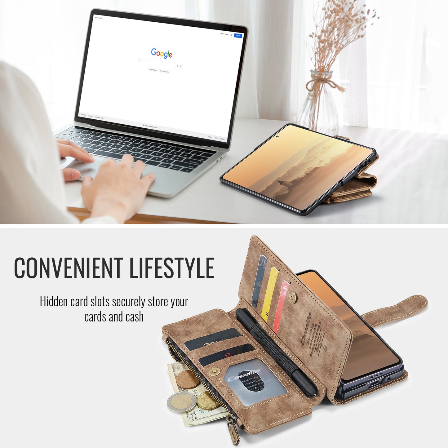 For Samsung Galaxy Z Fold7 5G Phone Cases with Strap CASEME C30 Zipper Multiple Card Holder PU Leather Cover - Brown