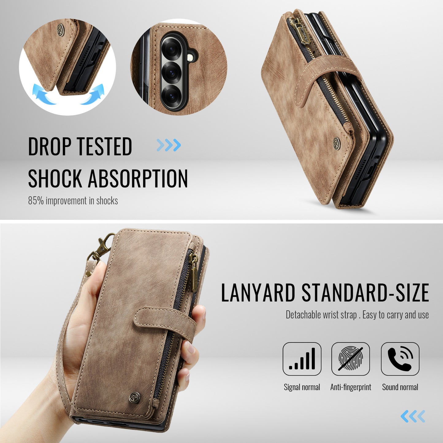 For Samsung Galaxy Z Fold7 5G Phone Cases with Strap CASEME C30 Zipper Multiple Card Holder PU Leather Cover - Brown