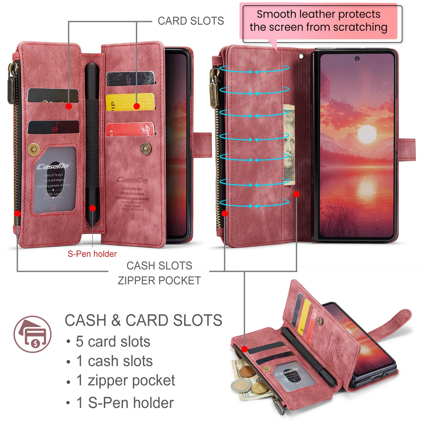 For Samsung Galaxy Z Fold7 5G Phone Cases with Strap CASEME C30 Zipper Multiple Card Holder PU Leather Cover - Red
