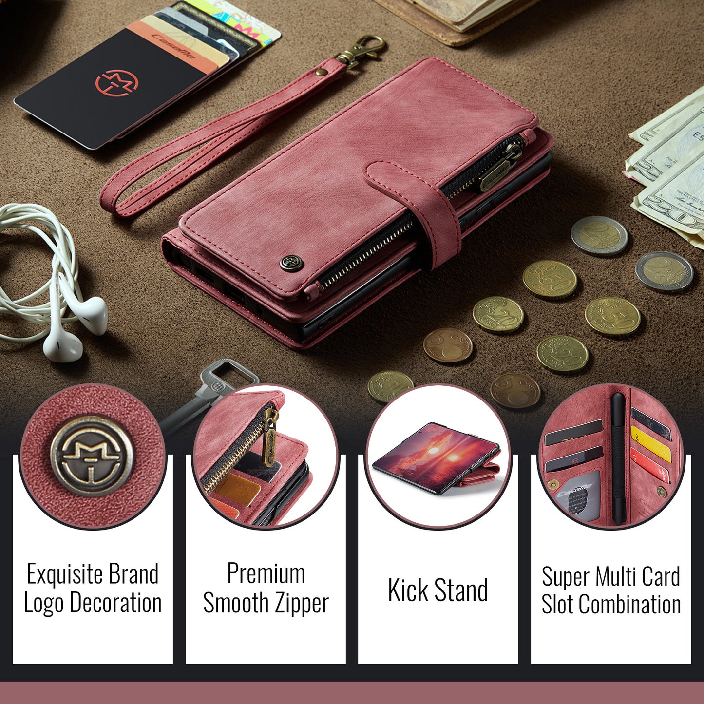 For Samsung Galaxy Z Fold7 5G Phone Cases with Strap CASEME C30 Zipper Multiple Card Holder PU Leather Cover - Red