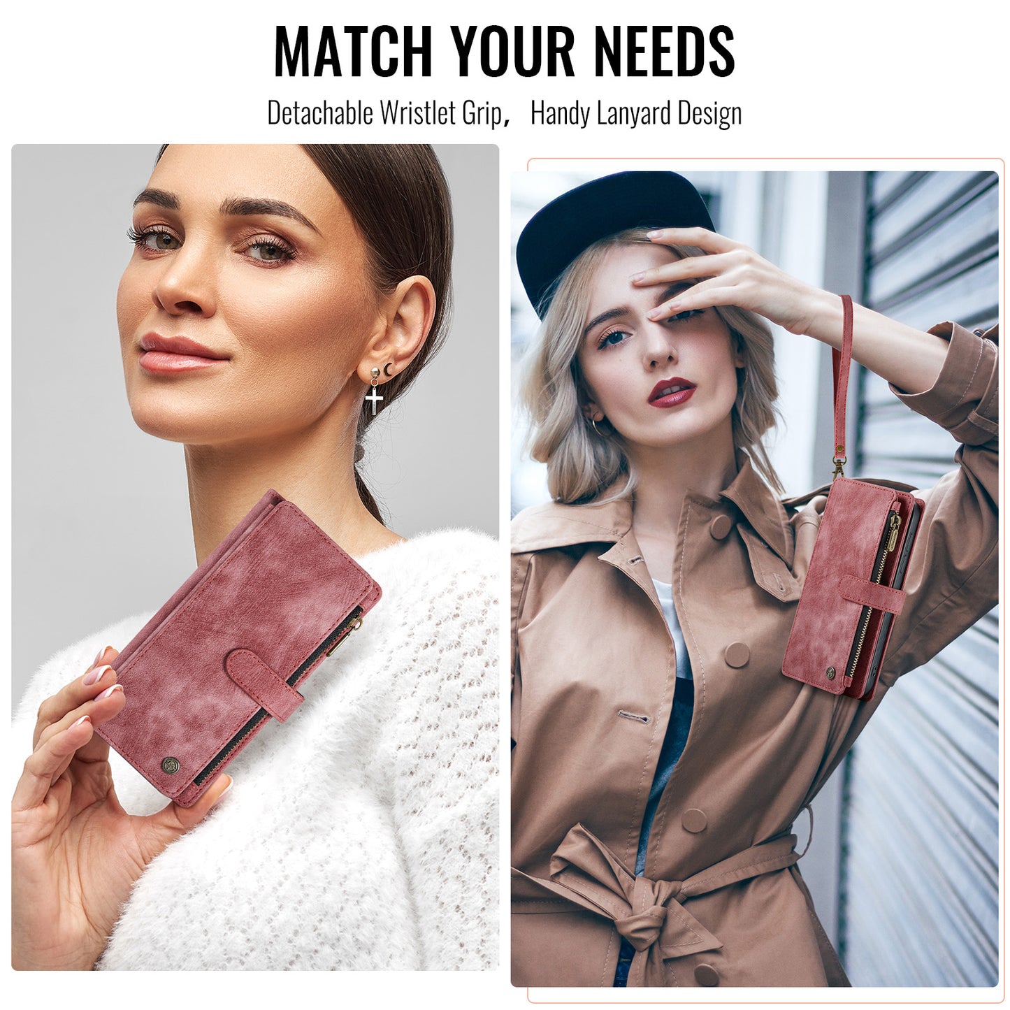 For Samsung Galaxy Z Fold7 5G Phone Cases with Strap CASEME C30 Zipper Multiple Card Holder PU Leather Cover - Red