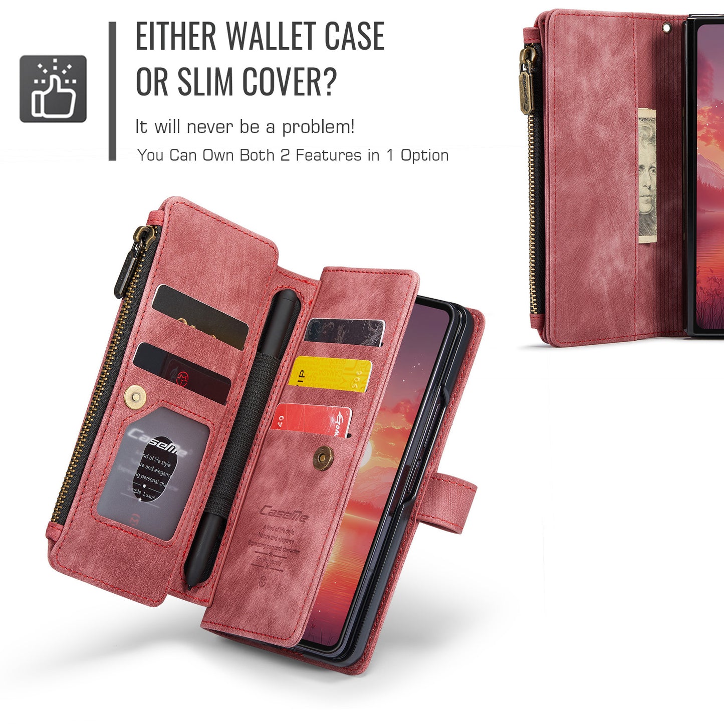 For Samsung Galaxy Z Fold7 5G Phone Cases with Strap CASEME C30 Zipper Multiple Card Holder PU Leather Cover - Red