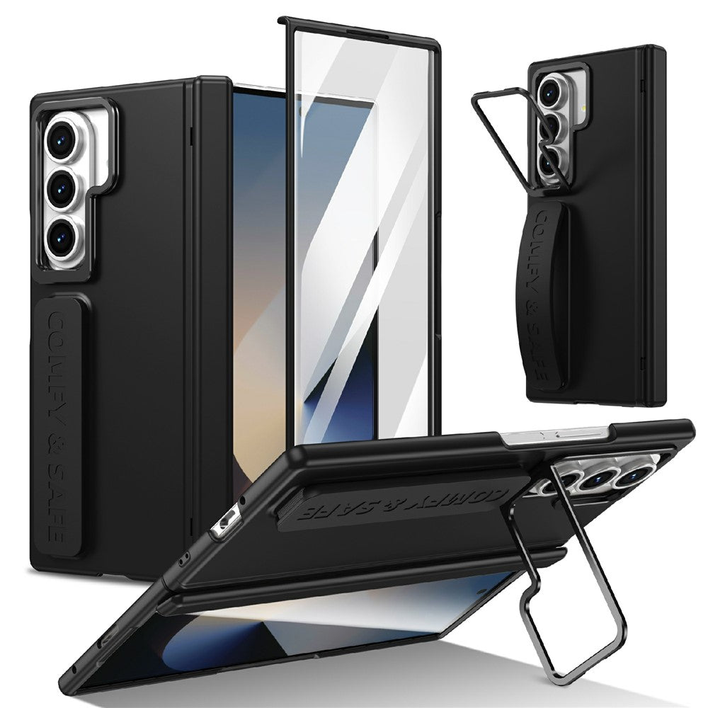 For Samsung Galaxy Z Fold7 5G Case Lens Kickstand Hinge Protection PC Phone Cover with Screen Film - Black