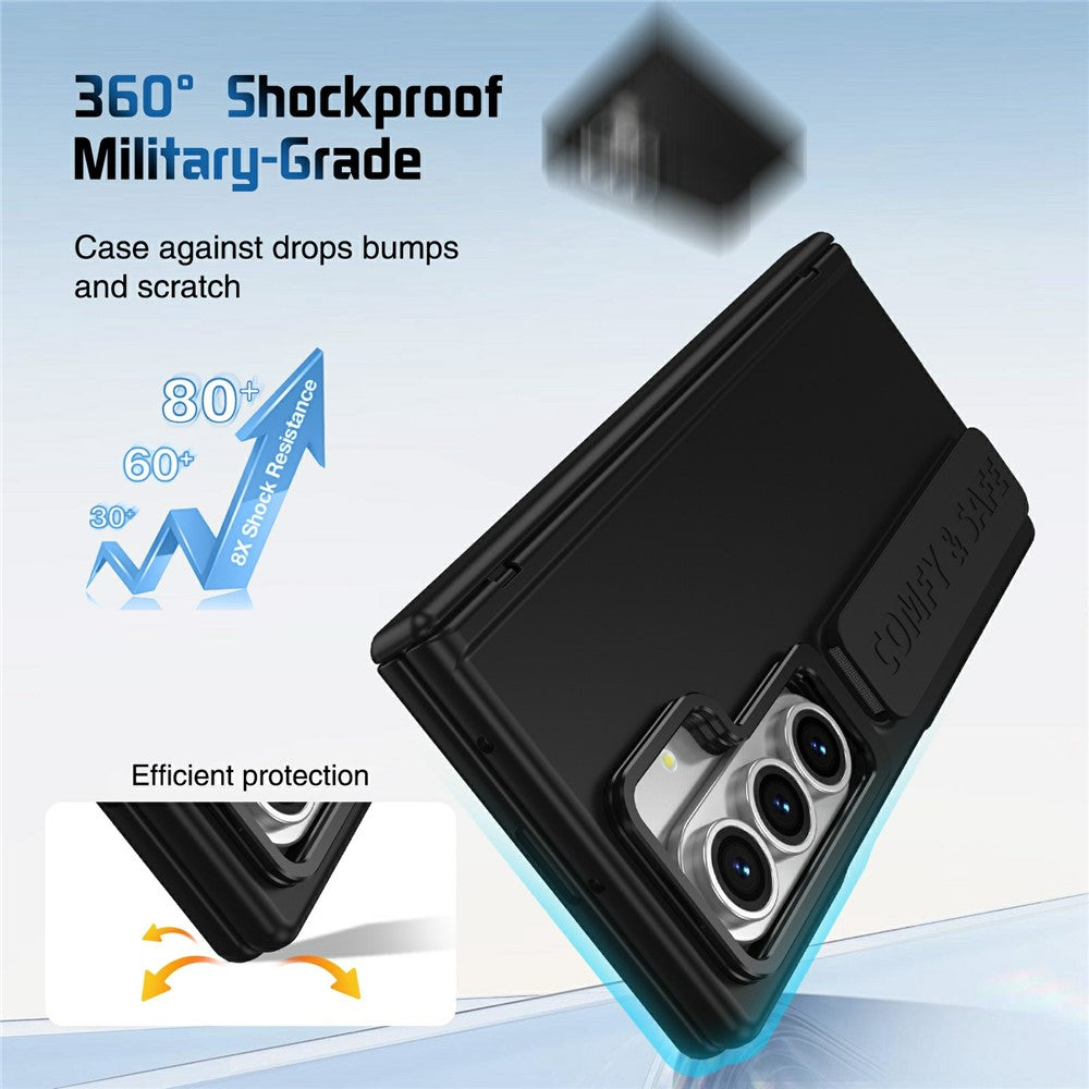 For Samsung Galaxy Z Fold7 5G Case Lens Kickstand Hinge Protection PC Phone Cover with Screen Film - Black