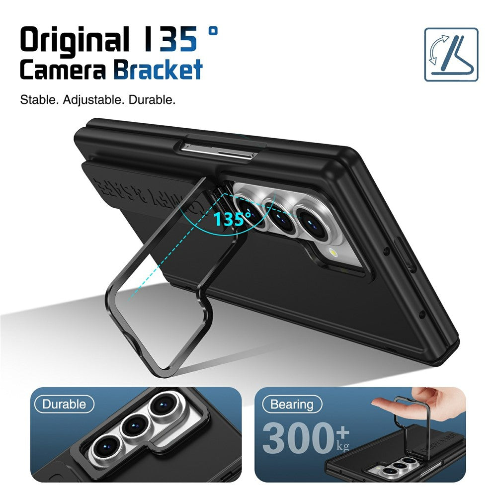 For Samsung Galaxy Z Fold7 5G Case Lens Kickstand Hinge Protection PC Phone Cover with Screen Film - Black