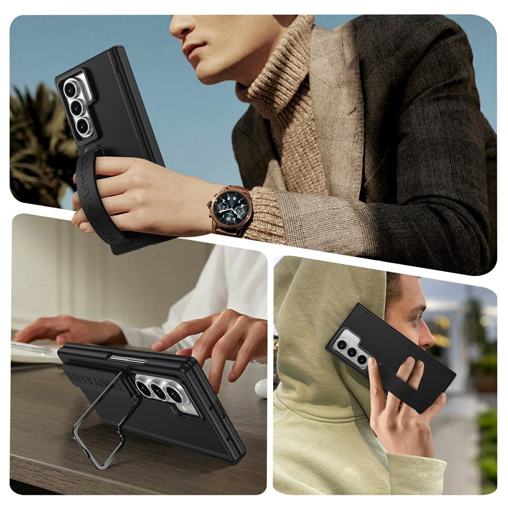 For Samsung Galaxy Z Fold7 5G Case Lens Kickstand Hinge Protection PC Phone Cover with Screen Film - Black