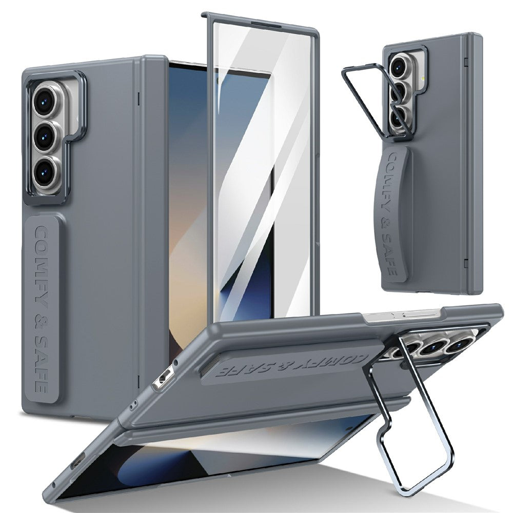 For Samsung Galaxy Z Fold7 5G Case Lens Kickstand Hinge Protection PC Phone Cover with Screen Film - Grey