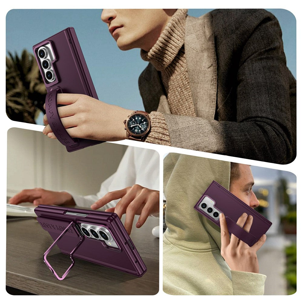 For Samsung Galaxy Z Fold7 5G Case Lens Kickstand Hinge Protection PC Phone Cover with Screen Film - Wine Red