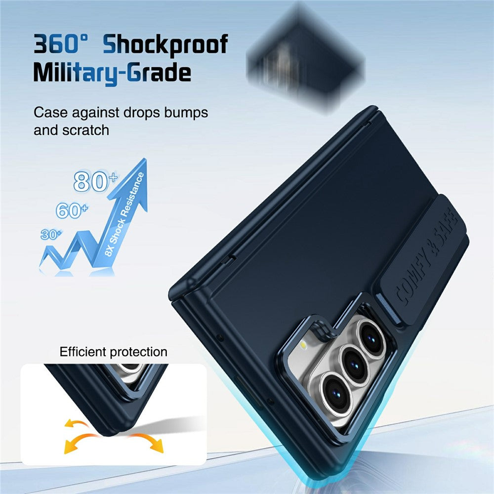 For Samsung Galaxy Z Fold7 5G Case Lens Kickstand Hinge Protection PC Phone Cover with Screen Film - Dark Blue