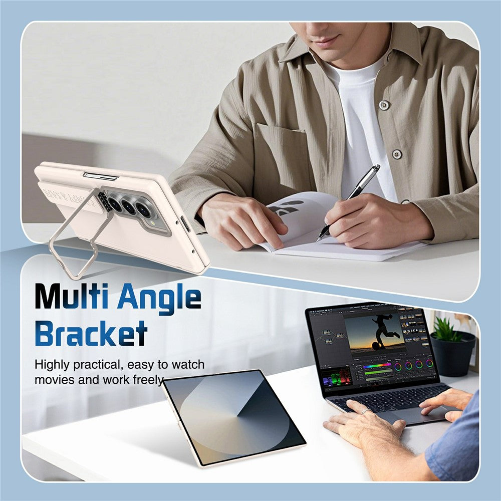 For Samsung Galaxy Z Fold7 5G Case Lens Kickstand Hinge Protection PC Phone Cover with Screen Film - Apricot