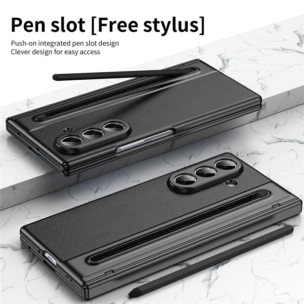 For Samsung Galaxy Z Fold7 5G Case Matte Electroplated Leather + PC Phone Cover with Screen Film / Stylus - Black