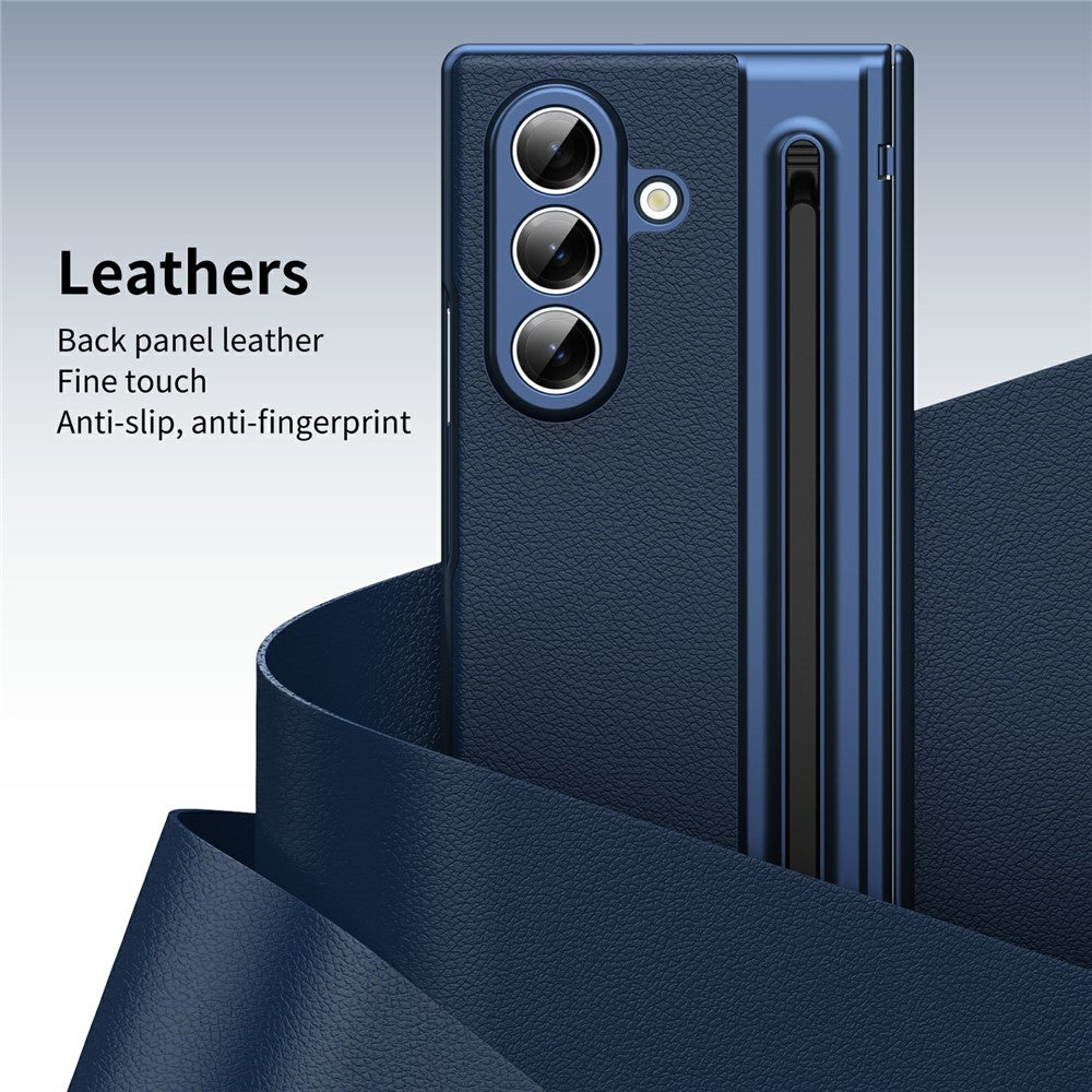 For Samsung Galaxy Z Fold7 5G Case Matte Electroplated Leather + PC Phone Cover with Screen Film / Stylus - Blue