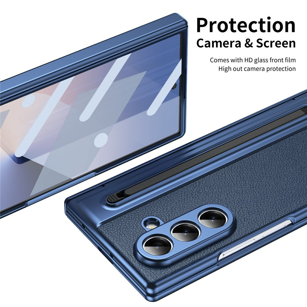 For Samsung Galaxy Z Fold7 5G Case Matte Electroplated Leather + PC Phone Cover with Screen Film / Stylus - Blue