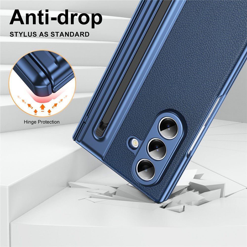 For Samsung Galaxy Z Fold7 5G Case Matte Electroplated Leather + PC Phone Cover with Screen Film / Stylus - Blue