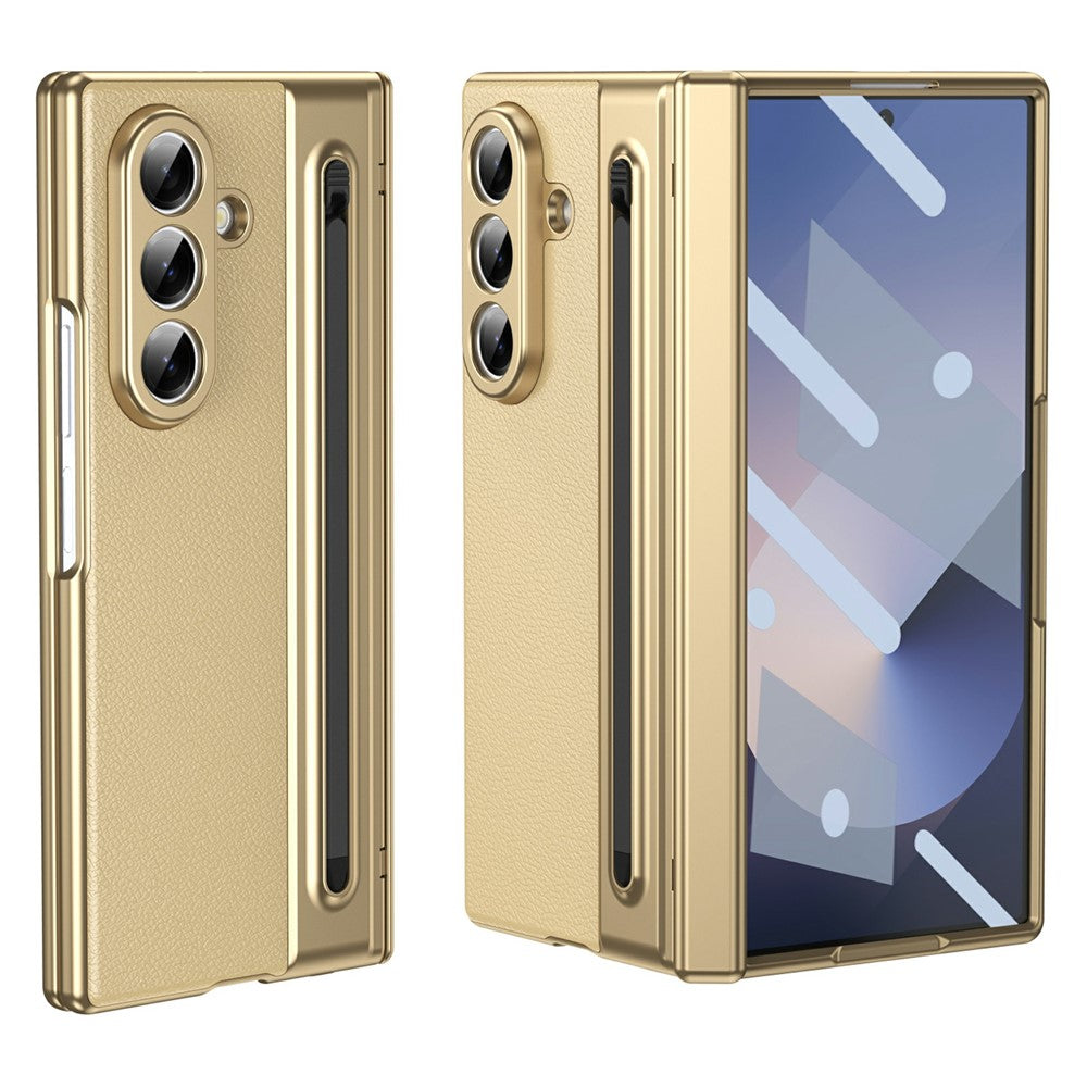 For Samsung Galaxy Z Fold7 5G Case Matte Electroplated Leather + PC Phone Cover with Screen Film / Stylus - Gold