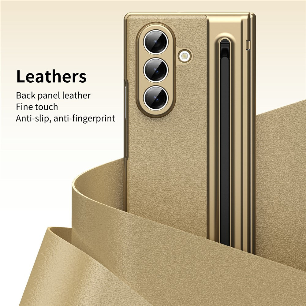 For Samsung Galaxy Z Fold7 5G Case Matte Electroplated Leather + PC Phone Cover with Screen Film / Stylus - Gold
