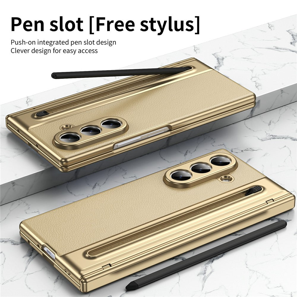 For Samsung Galaxy Z Fold7 5G Case Matte Electroplated Leather + PC Phone Cover with Screen Film / Stylus - Gold