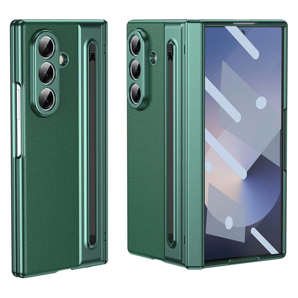 For Samsung Galaxy Z Fold7 5G Case Matte Electroplated Leather + PC Phone Cover with Screen Film / Stylus - Green