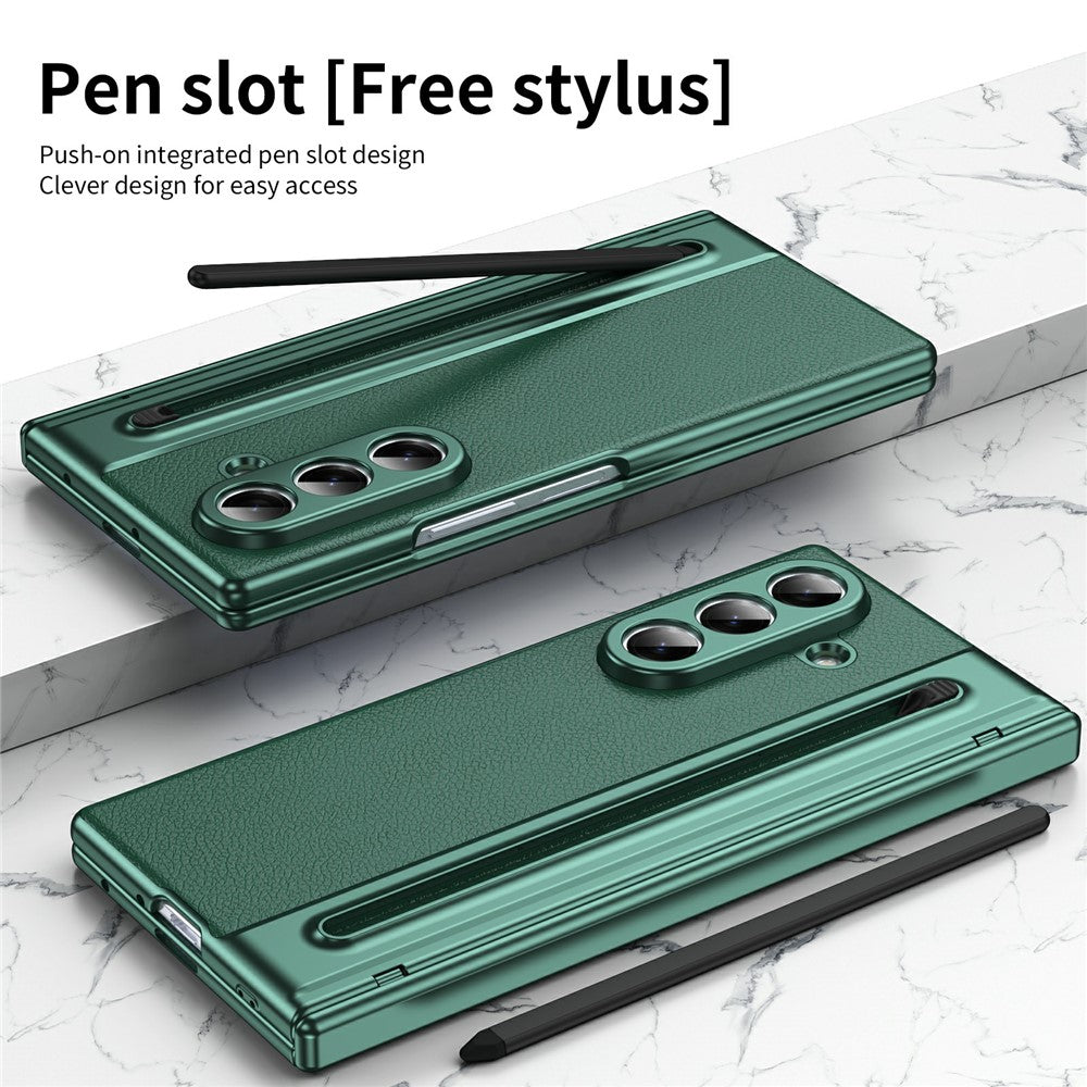 For Samsung Galaxy Z Fold7 5G Case Matte Electroplated Leather + PC Phone Cover with Screen Film / Stylus - Green