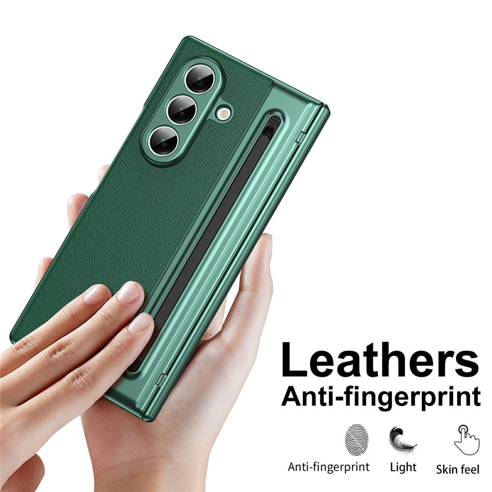 For Samsung Galaxy Z Fold7 5G Case Matte Electroplated Leather + PC Phone Cover with Screen Film / Stylus - Green