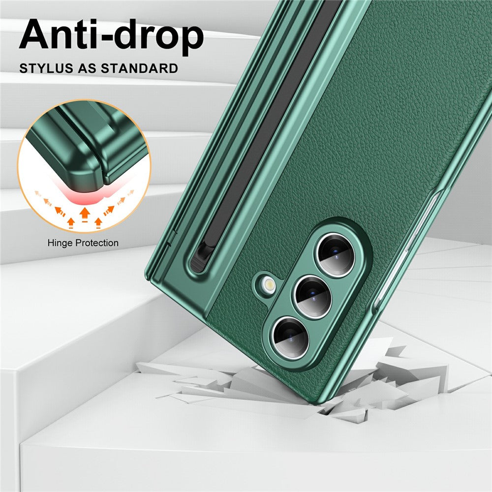 For Samsung Galaxy Z Fold7 5G Case Matte Electroplated Leather + PC Phone Cover with Screen Film / Stylus - Green