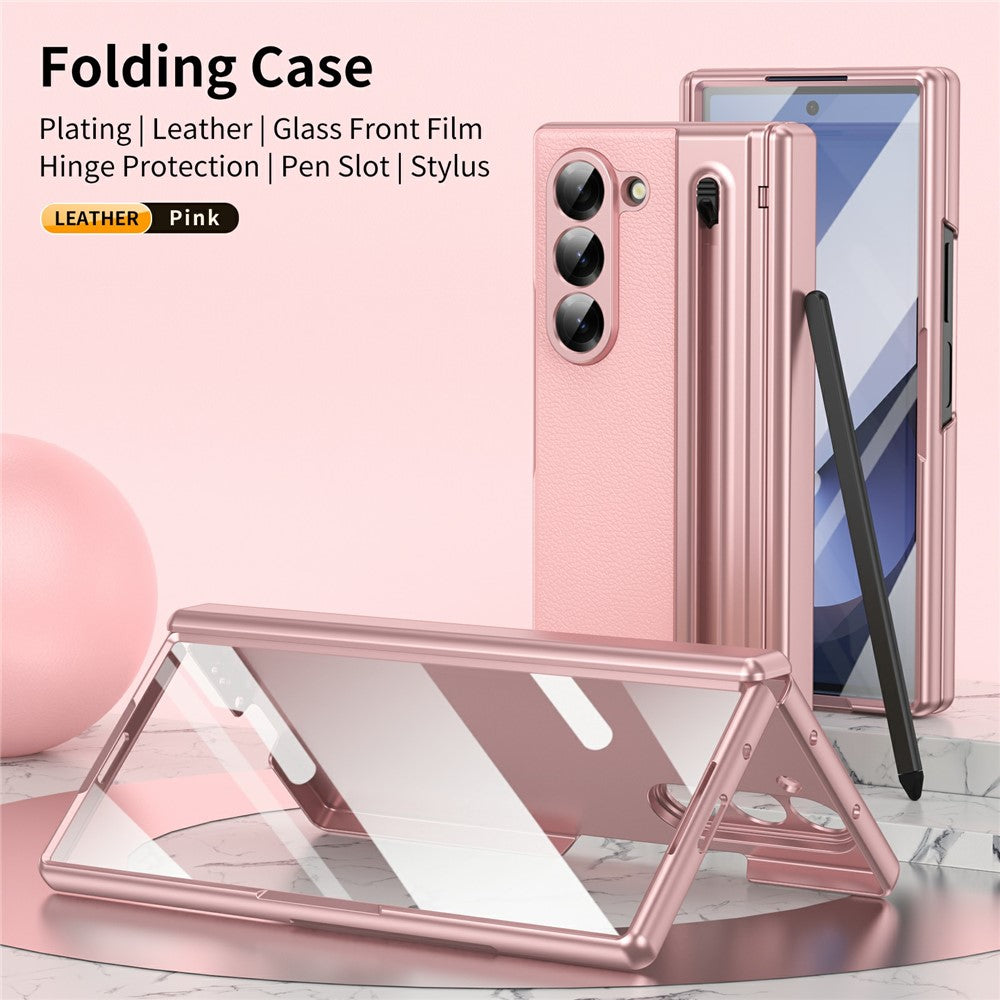For Samsung Galaxy Z Fold7 5G Case Matte Electroplated Leather + PC Phone Cover with Screen Film / Stylus - Pink