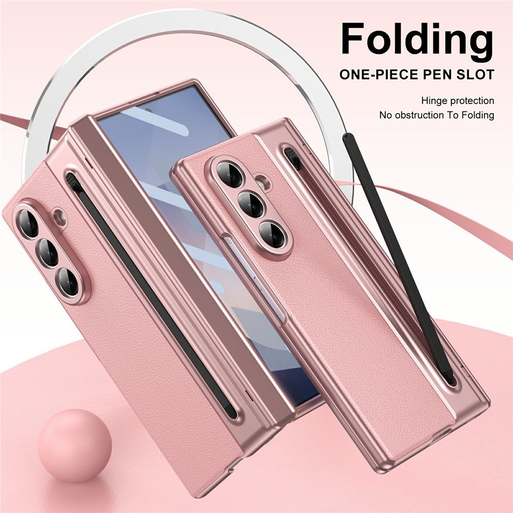 For Samsung Galaxy Z Fold7 5G Case Matte Electroplated Leather + PC Phone Cover with Screen Film / Stylus - Pink