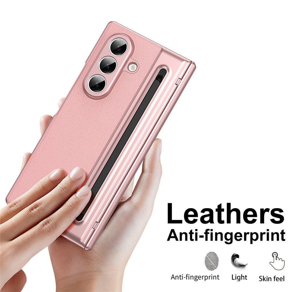 For Samsung Galaxy Z Fold7 5G Case Matte Electroplated Leather + PC Phone Cover with Screen Film / Stylus - Pink