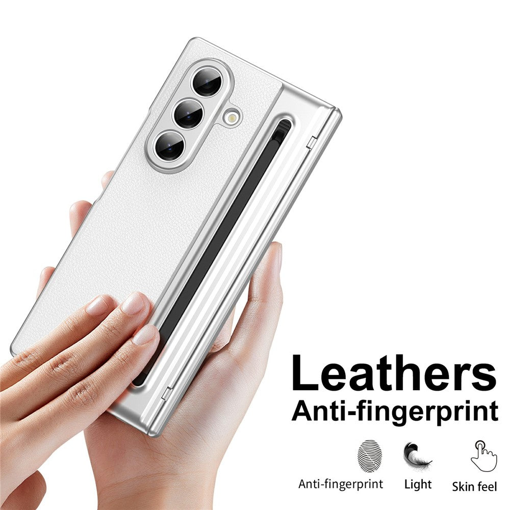 For Samsung Galaxy Z Fold7 5G Case Matte Electroplated Leather + PC Phone Cover with Screen Film / Stylus - White