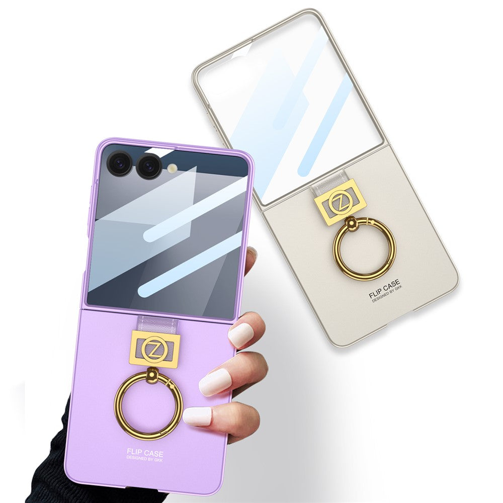 GKK For Samsung Galaxy Z Flip7 5G PC Phone Case with Ring Holder + Tempered Glass Front Screen Film - Pink