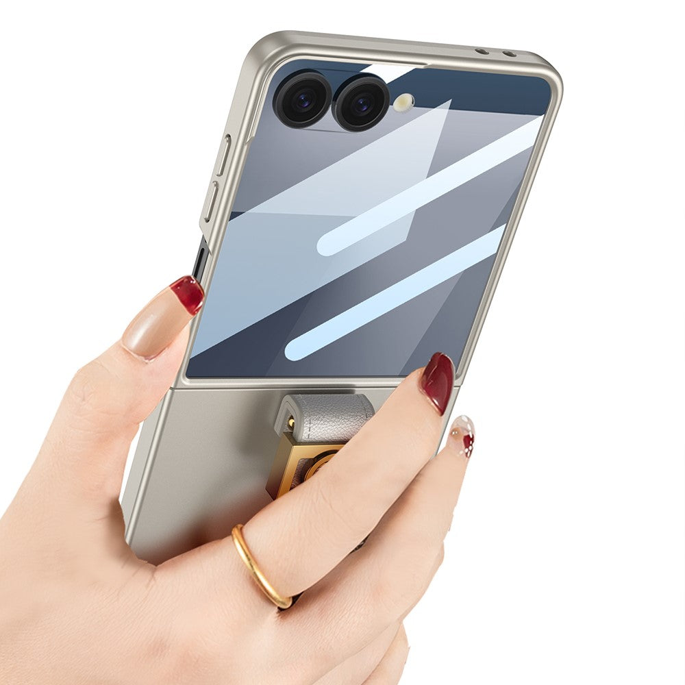 GKK For Samsung Galaxy Z Flip7 5G PC Phone Case with Ring Holder + Tempered Glass Front Screen Film - Titanium Grey