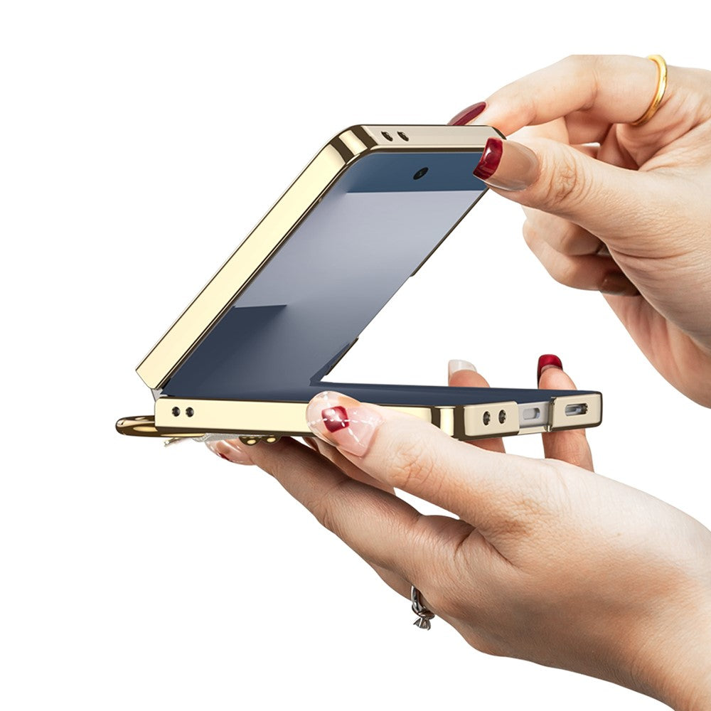 GKK For Samsung Galaxy Z Flip7 5G Case with Screen Film / Ring Holder Electroplating Hard PC Tempered Glass Phone Cover - Champagne Gold