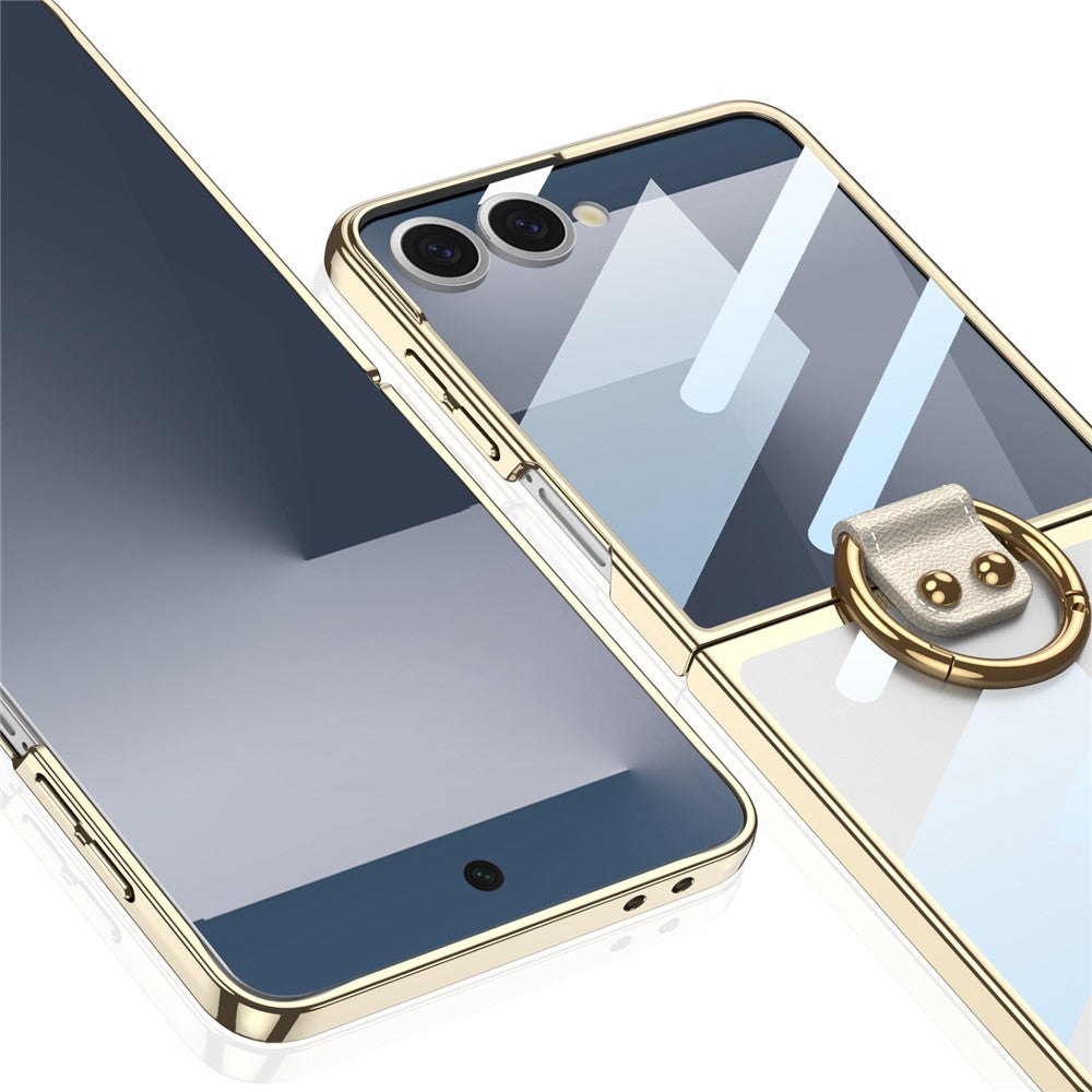 GKK For Samsung Galaxy Z Flip7 5G Case with Screen Film / Ring Holder Electroplating Hard PC Tempered Glass Phone Cover - Champagne Gold