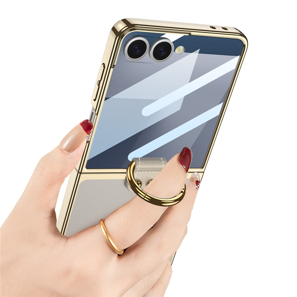 GKK For Samsung Galaxy Z Flip7 5G Case with Screen Film / Ring Holder Electroplating Hard PC Tempered Glass Phone Cover - Black