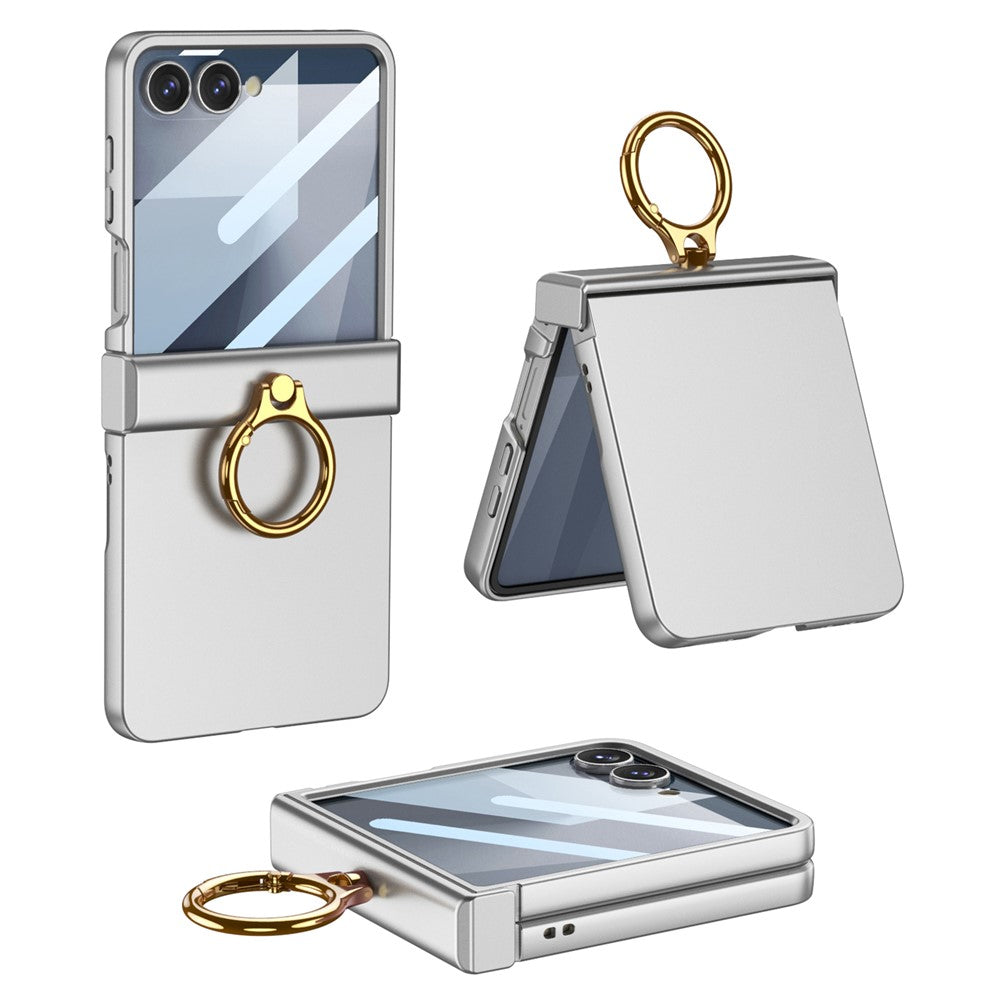 GKK For Samsung Galaxy Z Flip7 5G Case Ultra Thin Ring Kickstand Phone Cover Full Protection with Screen Film - Silver
