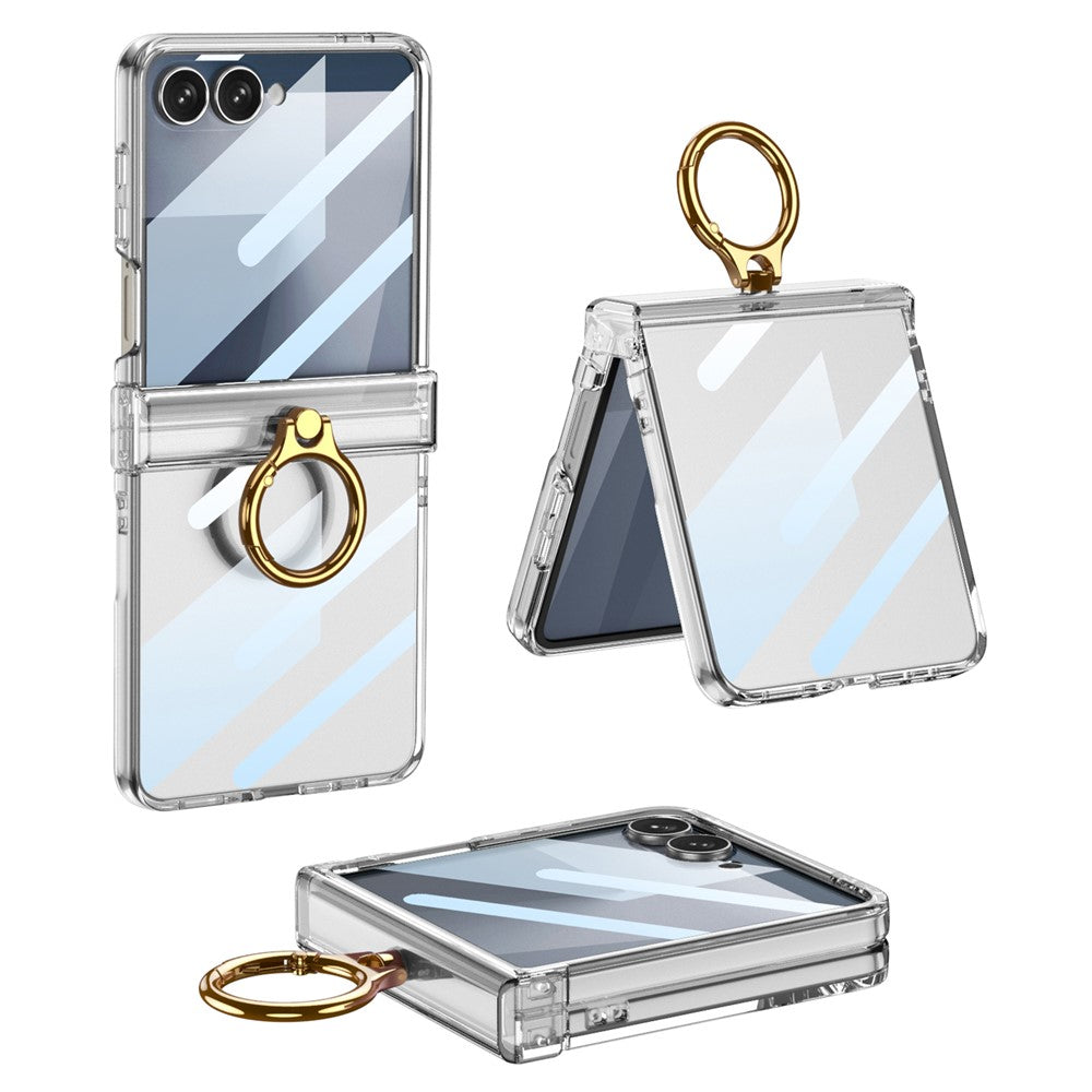 GKK For Samsung Galaxy Z Flip7 5G Case Ultra Thin Ring Kickstand Phone Cover Full Protection with Screen Film - Transparent