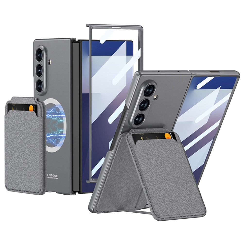 GKK For Samsung Galaxy Z Fold7 5G Magnetic Case PC + Tempered Glass Phone Cover with Card Holder Kickstand - Grey