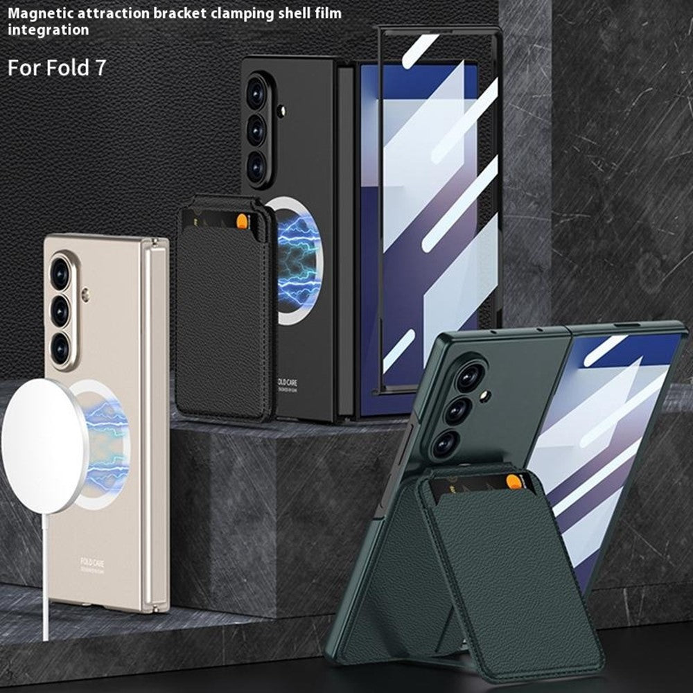GKK For Samsung Galaxy Z Fold7 5G Magnetic Case PC + Tempered Glass Phone Cover with Card Holder Kickstand - Grey