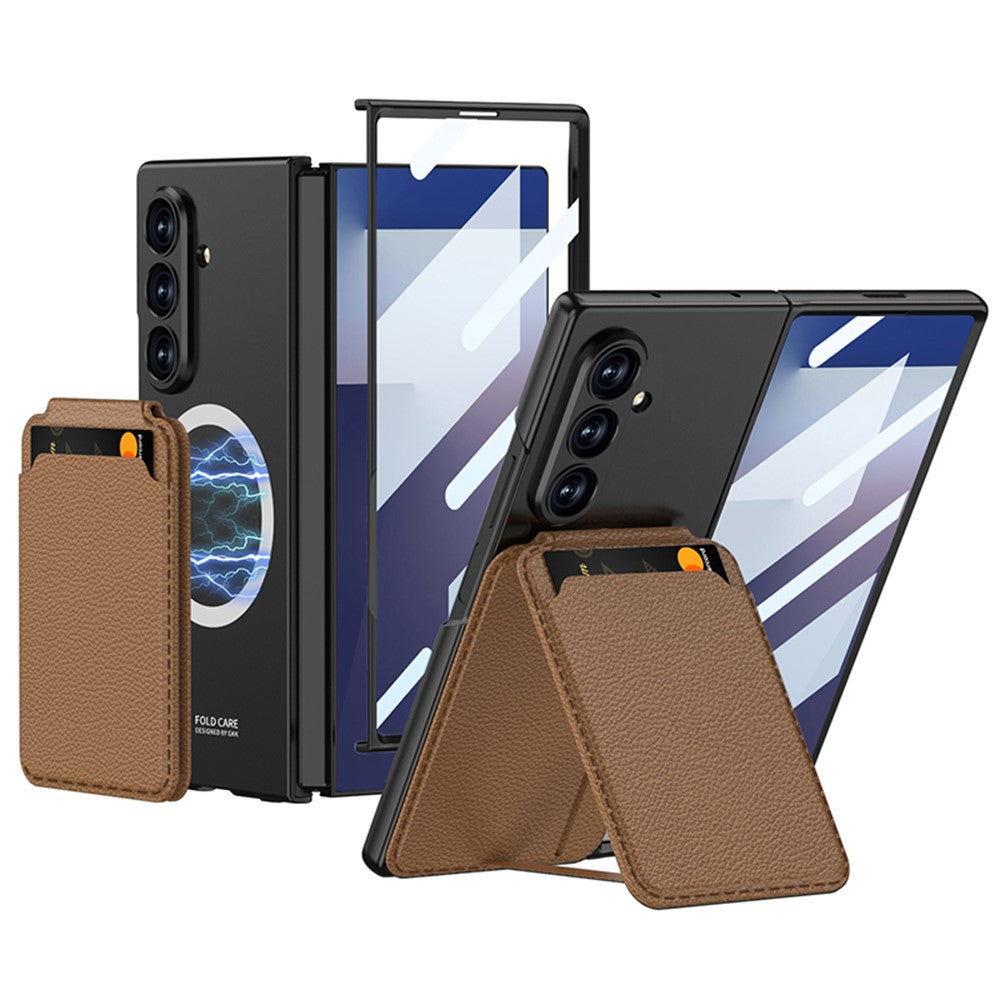 GKK For Samsung Galaxy Z Fold7 5G Magnetic Case PC + Tempered Glass Phone Cover with Card Holder Kickstand - Brown