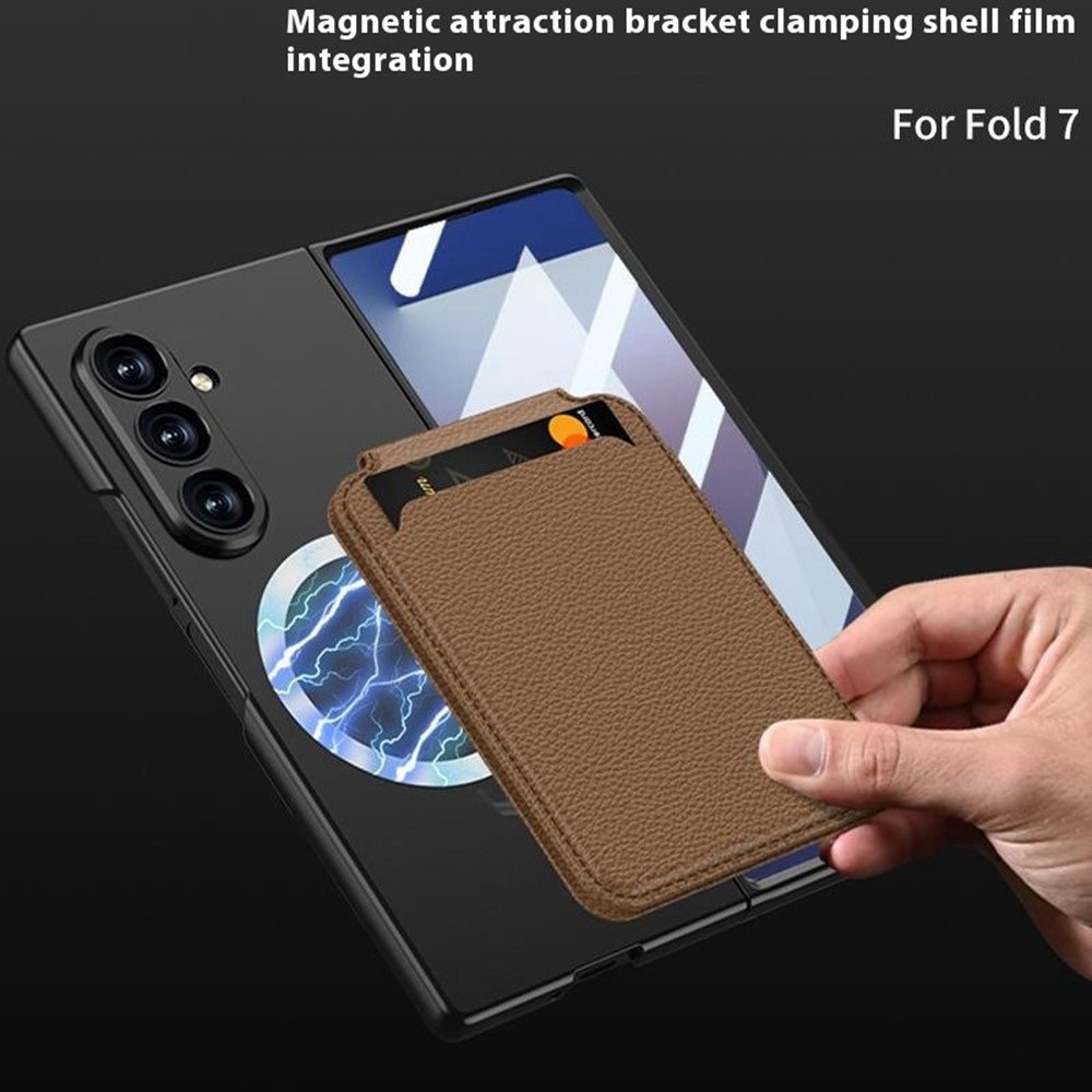 GKK For Samsung Galaxy Z Fold7 5G Magnetic Case PC + Tempered Glass Phone Cover with Card Holder Kickstand - Brown