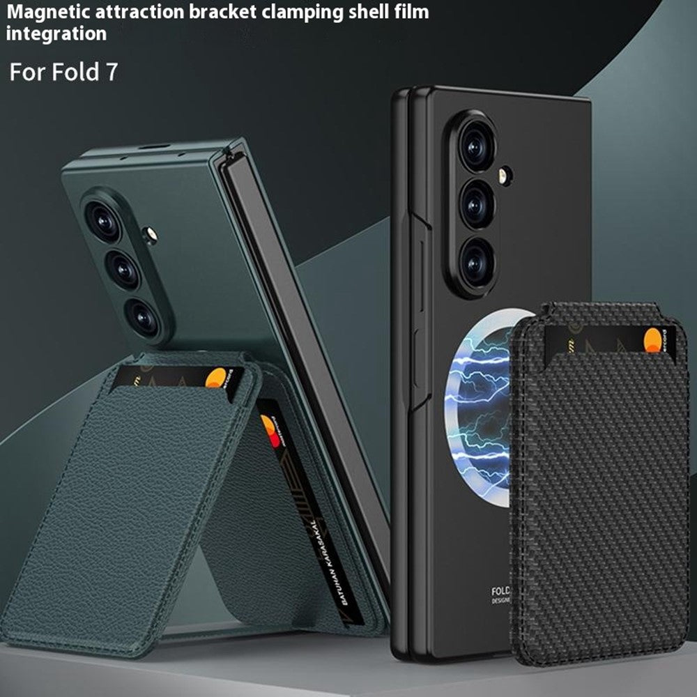 GKK For Samsung Galaxy Z Fold7 5G Magnetic Case PC + Tempered Glass Phone Cover with Card Holder Kickstand - Brown