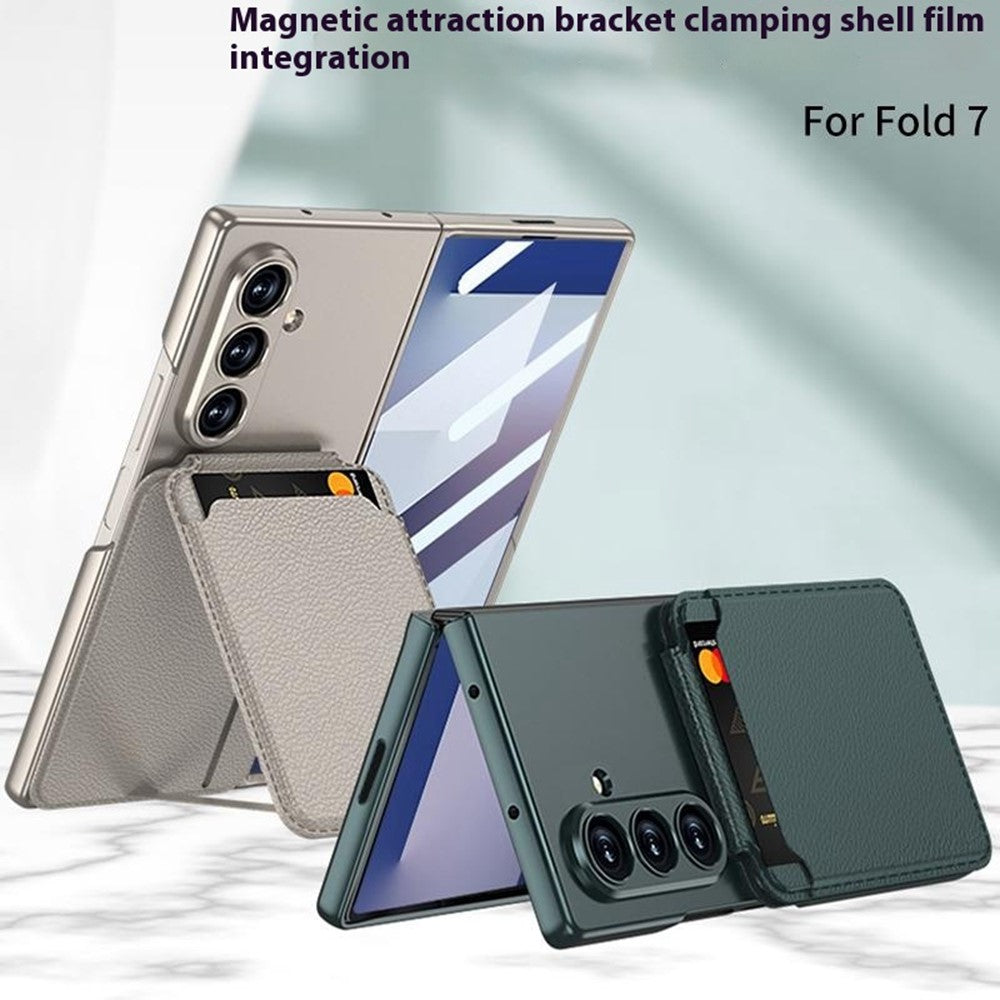 GKK For Samsung Galaxy Z Fold7 5G Magnetic Case PC + Tempered Glass Phone Cover with Card Holder Kickstand - Brown